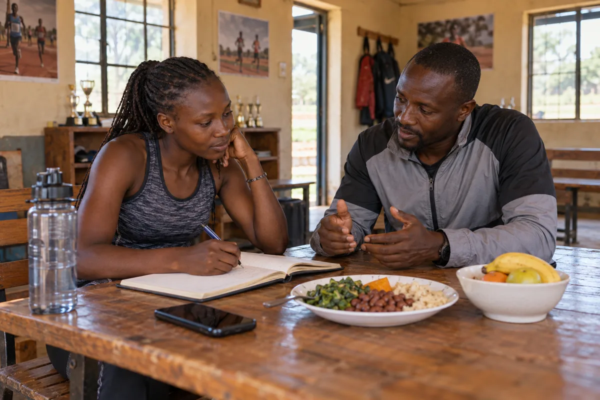 Illustration of an adult Kenyan athlete and coach planning together at a simple clubhouse